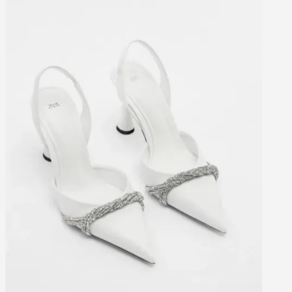 Zara NWT White Sling back shoes with pointy toe, rhinestone detail 1206/010